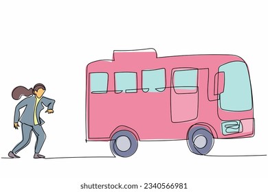 Continuous one line drawing businesswoman run chasing try to catch bus. Hurry running to get transportation, public passenger vehicle. Business metaphor. Single line design vector graphic illustration