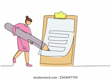 Continuous one line drawing businesswoman writing on clipboard with pencil. Person completion business task. Goal achievements planning schedule. Single line draw design vector graphic illustration