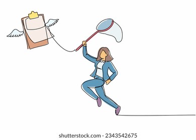 Continuous one line drawing businesswoman try to catching flying clipboard with butterfly net. Missing checklist. Inaccurate data, document, working papers. Single line draw design vector illustration