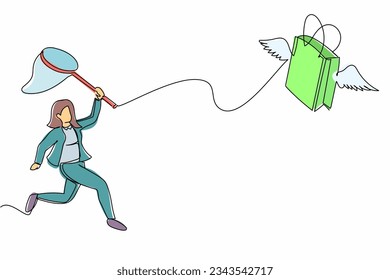Continuous one line drawing businesswoman try to catching flying shopping bag with butterfly net. Economic crisis made price of goods higher. Hard to shop. Single line draw design vector illustration