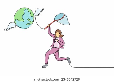 Continuous one line drawing businesswoman try to catching flying globe with butterfly net. Failed to travel the world because of economic crisis. Single line draw design vector graphic illustration