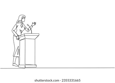 Continuous one line drawing businesswoman speech standing behind podium. Inviting to everyone to be more concerned with natural condition to avoid air pollution. Single line draw vector illustration