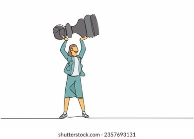 Continuous one line drawing businesswoman holding or lifting pawn chess piece. Tactical advantage, successful entrepreneurship or business strategy. Single line draw design graphic vector illustration