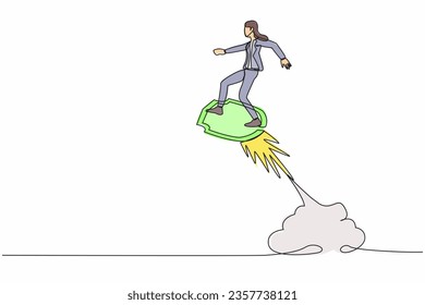 Continuous one line drawing businesswoman riding shield rocket flying in the sky. Business security acceleration to save financial growth concept. Single line draw design vector graphic illustration