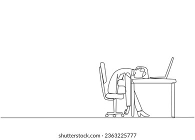 Continuous one line drawing businesswoman fell asleep in front of a laptop computer. Fatigue running a business. Mental health problem. Exhausted, bored. Single line draw design vector illustration