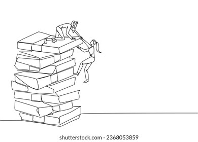Continuous one line drawing businesswoman helps colleague climb large pile of banknotes. Contagious success. Share tips for success. Teamwork bonus. Cohesiveness. Single line draw vector illustration