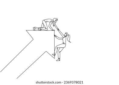 Continuous one line drawing businesswoman helps colleague climb rising arrow symbol. Compact team work. Positive effect on company. Complete work correctly. Single line draw design vector illustration