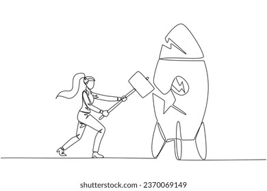 Continuous one line drawing businesswoman preparing to hit a standing rocket. Rampage. Not ready to accept new technology. Not ready for competition. Lost. Single line draw design vector illustration