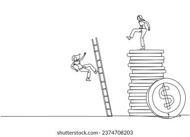 Eine ununterbrochene Zieherin aus einer Linie besiegt den Gegner, der mit einer Leiter auf den Münzstapel klettert. Gier für Reichtum. Vergessen Sie Genossen in Waffen. Der Verräter. Vektorgrafik-Design für einzelne Linien