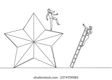 Continuous one line drawing businesswoman kicks opponent who is climbing the star with a ladder. Dropping opponents from achieving the same dream. Rival. Single line draw design vector illustration