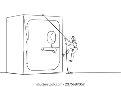 Continuous one line drawing businesswoman climbs safe deposit box with the rope. Helps secure important company data. Stored in a safe and trusted place. Single line draw design vector illustration