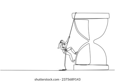 Continuous one line drawing businesswoman climbs hourglass with rope. Countdown is set. Deadline is coming soon. Time management must be good. Work smart. Single line draw design vector illustration