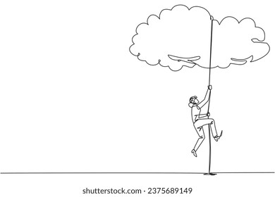 Continuous one line drawing businesswoman climbing clouds with rope. A metaphor for hanging dreams sky high. Ultimate success. Hard worker. Work smarter. Single line draw design vector illustration