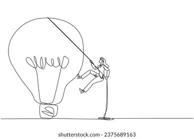 Continuous one line drawing businesswoman climbing lightbulb with rope. Trying to reach high places to get useful fresh ideas. For the company's benefit. Single line draw design vector illustration