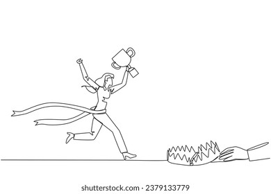 Continuous one line drawing businesswoman running with trophy. Dangerous business trap. Trap that really brings down business. Fake friend. Traitor. Rival. Single line draw design vector illustration