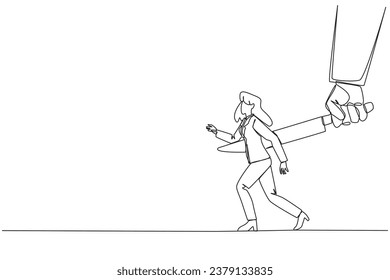 Continuous one line drawing businesswoman stabbed in back by large knife. Cheated to ruin by a business partner. Enemy disguised as a friend. The traitor. Single line draw design vector illustration
