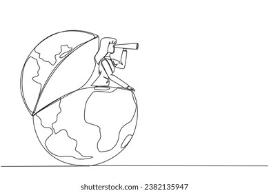 Continuous one line drawing businesswoman out of the globe looking for something through binoculars. Need to see the wider world to achieve much success. Single line draw design vector illustration