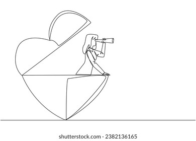 Continuous one line drawing businesswoman out of heart shape looks for something through binoculars. Looking for some people to do charity. Useful kindness. Single line draw design vector illustration