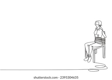 Continuous one line drawing businesswoman sitting, tied body and legs to chair. Very helpless against debt collectors. Become prisoner of business. Regret. Single line draw design vector illustration