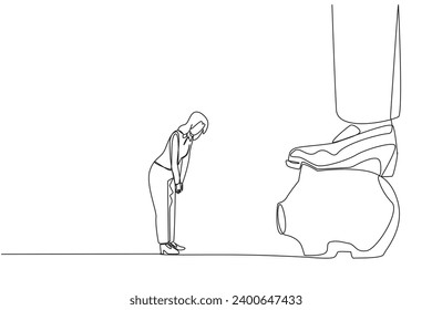 Continuous one line drawing businesswoman nodded in front of giant foot that stepped on the piggy bank. Investment value is rejected by investors. Disagree. Single line draw design vector illustration