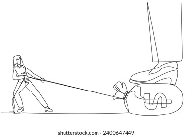 Continuous one line drawing businesswoman tries to take the money bag with the rope. Greedy unwise investor. Withholding bonuses. Gain personal benefits. Single line draw design vector illustration