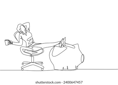 Continuous one line drawing businesswoman sitting relax in work chair holding mug. Foot resting on piggy bank. Fantasize about the importance of investing. Single line draw design vector illustration