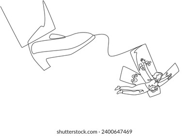 Continuous one line drawing businesswoman flying using banknote wings. Spread wings to expand business. Must be stable in business. Fly as high as the sky. Single line draw design vector illustration