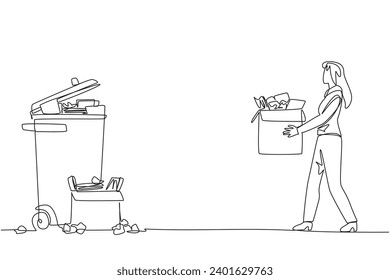 Continuous one line drawing businesswoman carrying a cardboard box full of piles of paper to trash. Throw away piles of incorrect final reports. Revision. Single line draw design vector illustration