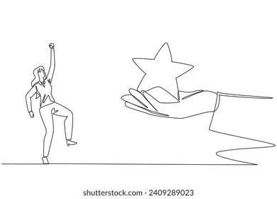 Continuous one line drawing businesswoman was happy to get a star from giant hand. Always get good grades. Employee of the month. Hard and smart work. Single line draw design vector illustration