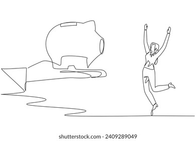 Continuous one line drawing businesswoman was happy to get piggy bank from giant hand. The investment value is not small. Maximum managed. Get big profits. Single line draw design vector illustration