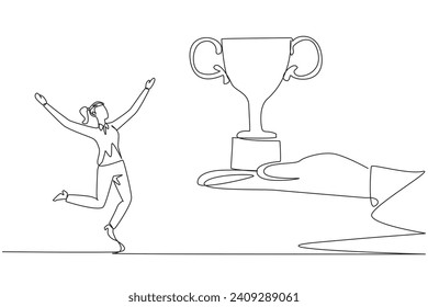 Continuous one line drawing the businesswoman was happy to get a trophy from the giant hand. Awards from the community. Trigger for more success. Profit. Single line draw design vector illustration