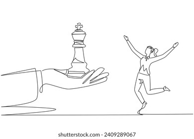 Continuous one line drawing businesswoman was excited to get king's chess piece from giant hand. Get full support. Profits must be many times over. Success. Single line draw design vector illustration