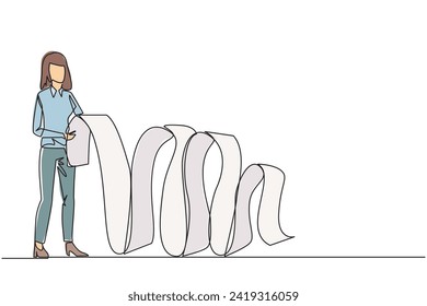 Continuous one line drawing businesswoman held long billing paper with both hands. Worry about spending a lot of money because of large number of bill. Single line draw design vector illustration