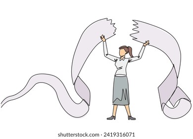 Continuous one line drawing businesswoman tore off billing paper held above his head. Failing to pay bills makes a businesswoman full of emotions. Failure. Single line draw design vector illustration