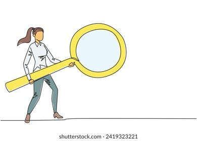 Continuous one line drawing businesswoman standing holding giant magnifier. Resembling guitar player, she searches, analyzes, finds all the necessary data. Single line draw design vector illustration