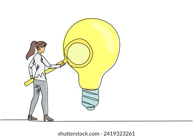 Continuous one line drawing of businesswoman stood holding magnifier and inspected the lightbulb. Businesswoman are looking for new ideas, fresh ideas, and innovation. Single line draw design vector