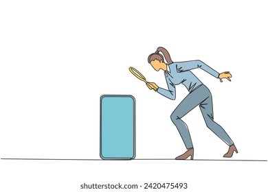 Continuous one line drawing businesswoman holds magnifying glass look at smartphone. Take advantage of latest technology for convenience of doing business. Single line draw design vector illustration