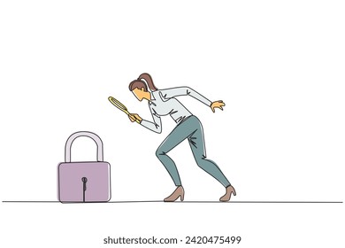Continuous one line drawing businesswoman holds magnifying glass look at padlock. Looking ways to protect stock values to keep high and safe from hackers. Single line draw design vector illustration