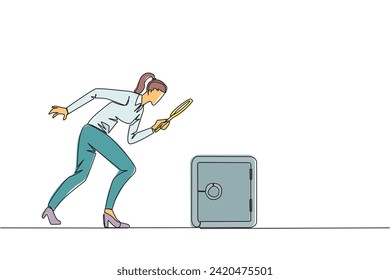 Continuous one line drawing of businesswoman holding magnifying glass look at safe deposit box. Finding for the best place of protection to save important data. Single line design vector illustration