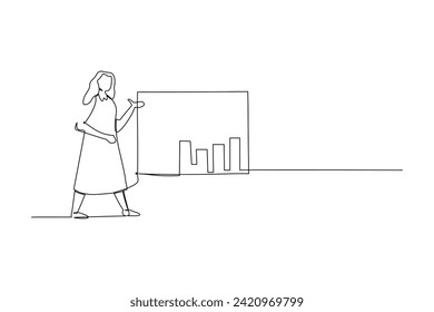 Continuous one line drawing a businesswoman presenting a graphic chart. Profits continue to increase. Exceed target. Single line draw design vector illustration