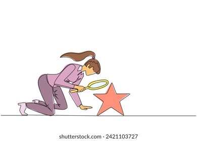Continuous one line drawing businesswoman holds magnifying glass highlighting stars. The high star is the ultimate goal of the business level. Reach dreams. Single line draw design vector illustration