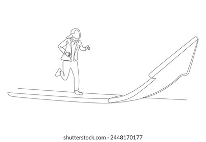 Continuous one line drawing of businesswoman running along rising arrow, career growth or business progress concept, single line art.