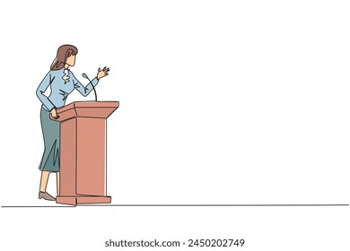 Continuous one line drawing businesswoman speech standing behind podium. Inviting to everyone to be more concerned with natural condition to avoid air pollution. Single line draw vector illustration