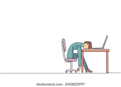 Continuous one line drawing businesswoman fell asleep in front of a laptop computer. Fatigue running a business. Mental health problem. Exhausted, bored. Single line draw design vector illustration