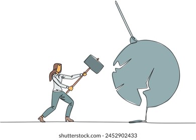 Continuous one line drawing businesswoman preparing to hit big swinging pendulum. Metaphor eliminate business distraction. Number one to be business keeper. Single line draw design vector illustration