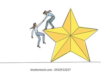 Continuous one line drawing businesswoman helps colleague climb big star. Metaphor of achieving dreams of success together. Have very good career position. Single line draw design vector illustration