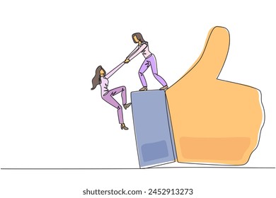 Continuous one line drawing businesswoman helps colleague climb finger gesture thumbs up. Working together towards success. Positive vibes. Cohesiveness. Single line draw design vector illustration