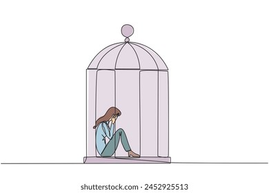 Continuous one line drawing businesswoman trapped in cage sitting covering face. Feel utterly defeated. Trapped in a dirty business. Mentally tired. Lost. Single line draw design vector illustration