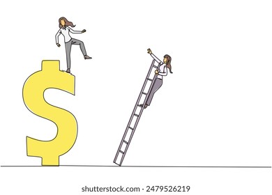 Continuous one line drawing businesswoman kicks rival who climbing a dollar symbol with ladder. Unhealthy competition. Using rough methods to bring down. Single line draw design vector illustration