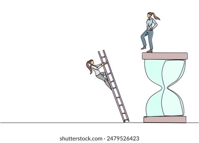 Continuous one line drawing businesswoman kicks opponent who climbs the hourglass with ladder. Not able to complete deadlines well. Dropped roughly. Rival. Single line draw design vector illustration